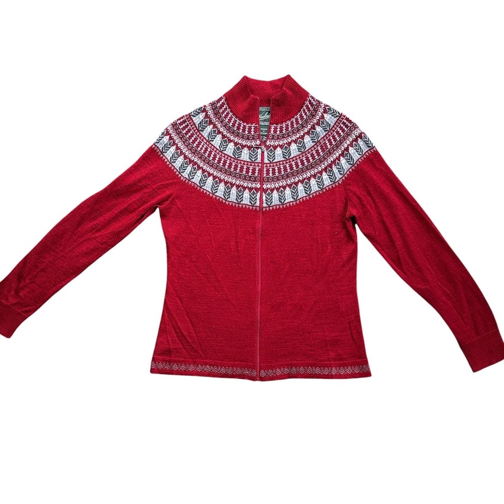 Woolrich Full Zip Cardigan Womens M Ruby Red Merino Wool Fair Isle Excellent